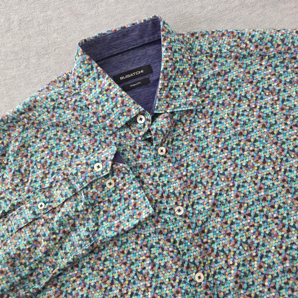 Bugatchi Mens Shaped Fit Long Sleeve Button Down Shirt Multi Color Dot Print M